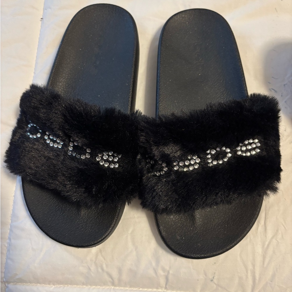 Bebe Black Plush Fur Slides with Sparkle Accents
